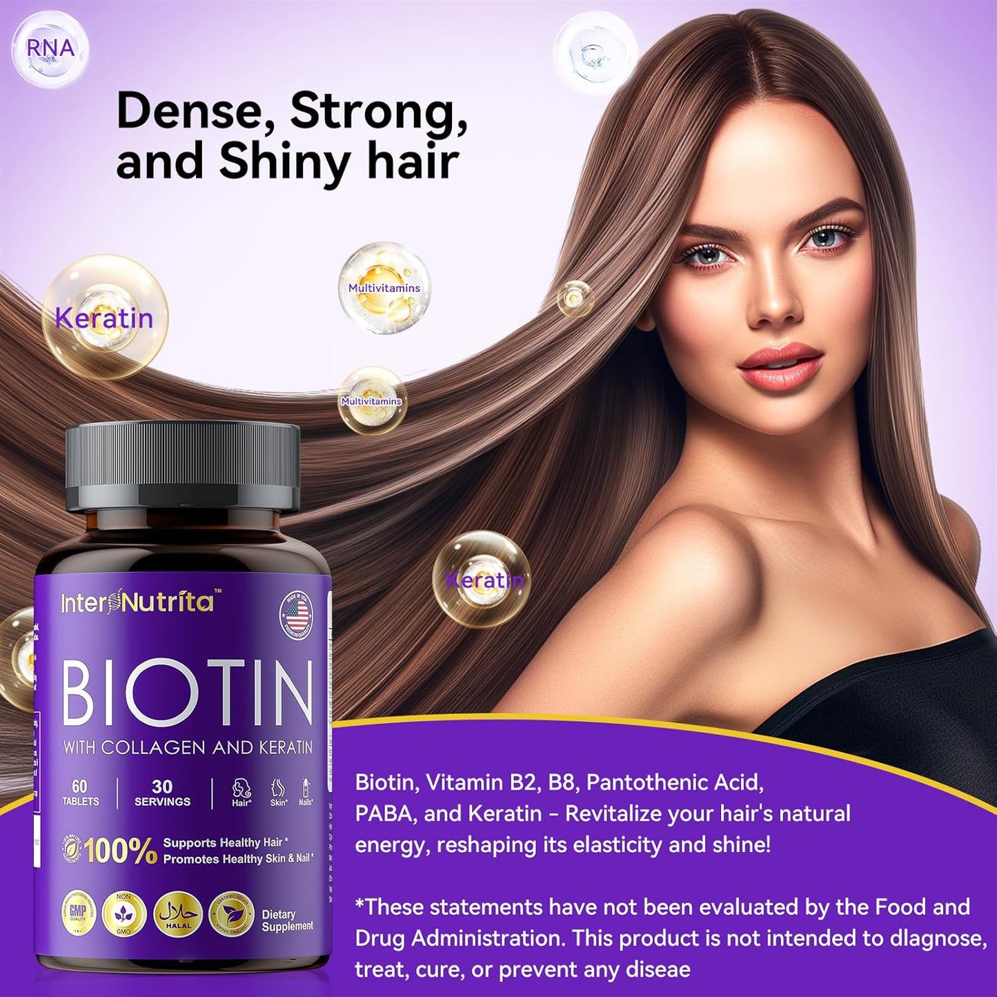 USA Made InterNutrita Biotin with Hydrolysed Collagen and Keratin for Hair, Skin, Nails, and Energy - 5000mcg Biotin Complex with Vitamins A, C, D3, E, B1, B2, B7, B12