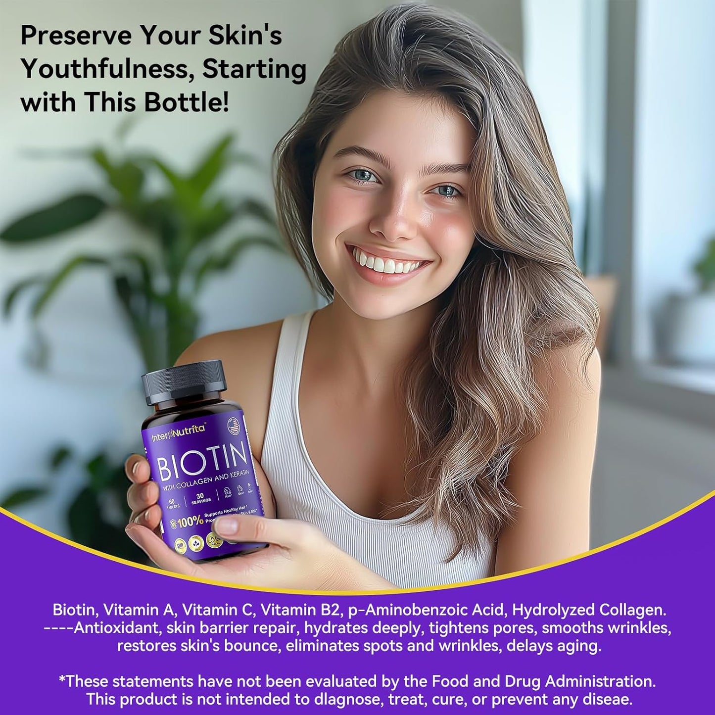 USA Made InterNutrita Biotin with Hydrolysed Collagen and Keratin for Hair, Skin, Nails, and Energy - 5000mcg Biotin Complex with Vitamins A, C, D3, E, B1, B2, B7, B12