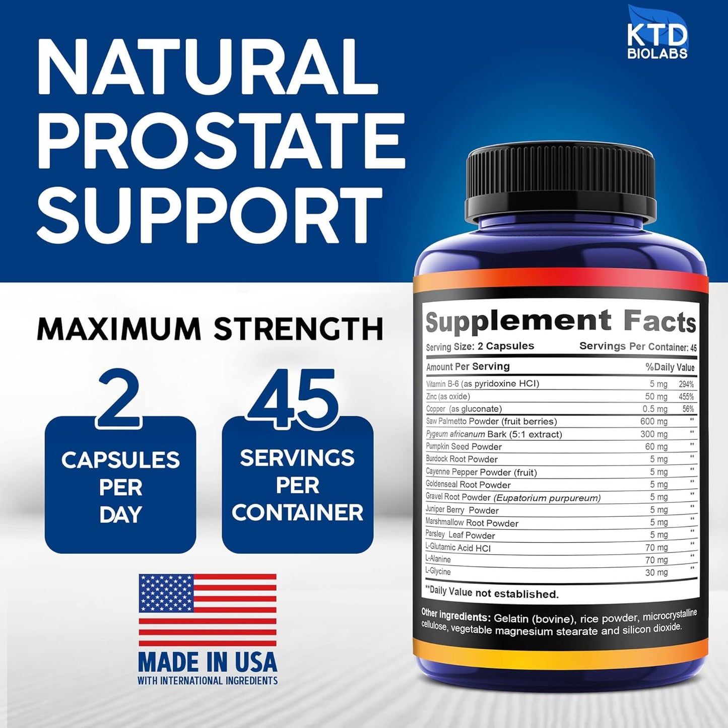USA-Made Prostate & Brain Support Supplement with Saw Palmetto, Bacopa Monnieri, and DMAE - KTD BIOLABS Men's Health Formula