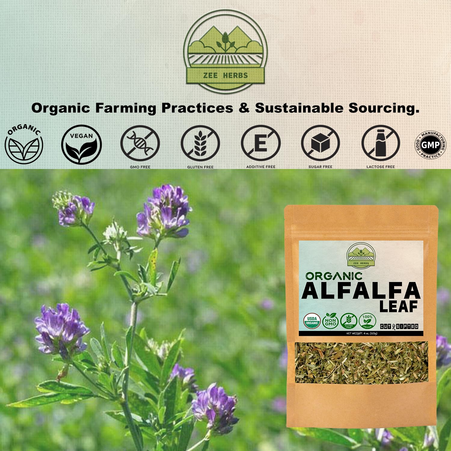 USDA Certified Organic Alfalfa Leaf Tea - 4 oz (113g) - Premium Quality Medicago Sativa - Loose Leaf Herb Tea - Cut & Sifted Alfalfa Leaves