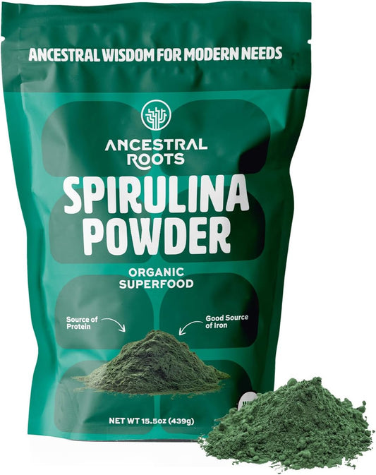 USDA Certified Organic Spirulina Powder - Pure Superfood for Immune Support (15.5 oz) Vegan-Friendly from Ancestral Roots
