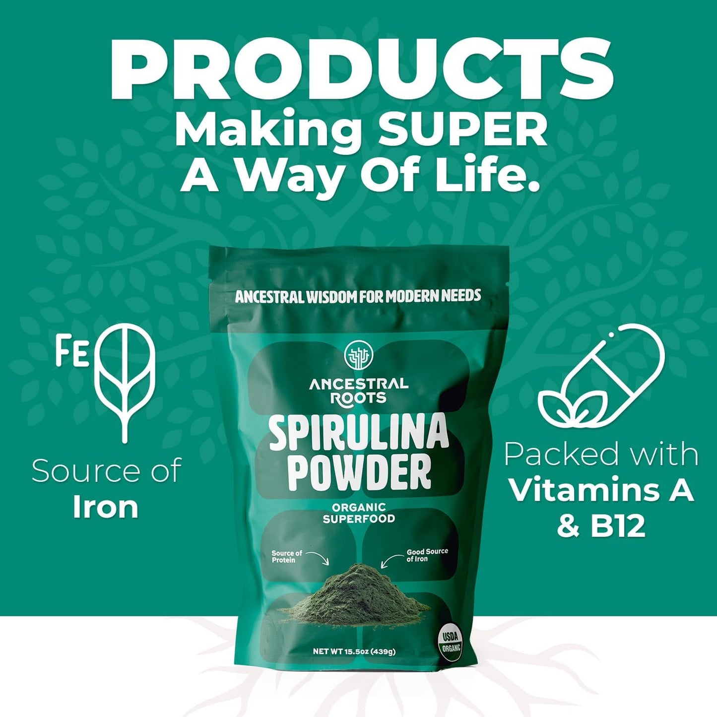 USDA Certified Organic Spirulina Powder - Pure Superfood for Immune Support (15.5 oz) Vegan-Friendly from Ancestral Roots