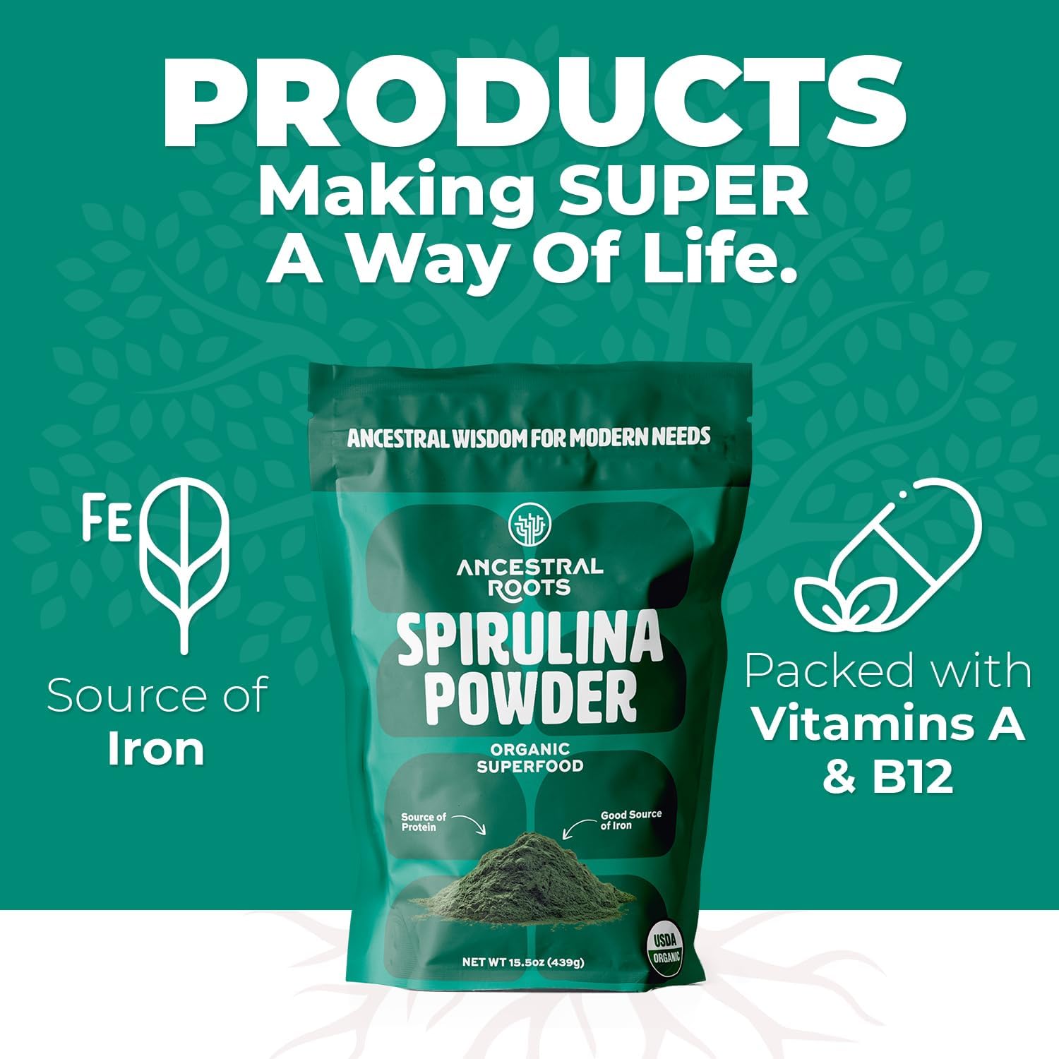 USDA Certified Organic Spirulina Powder - Pure Superfood for Immune Support (15.5 oz) Vegan-Friendly from Ancestral Roots