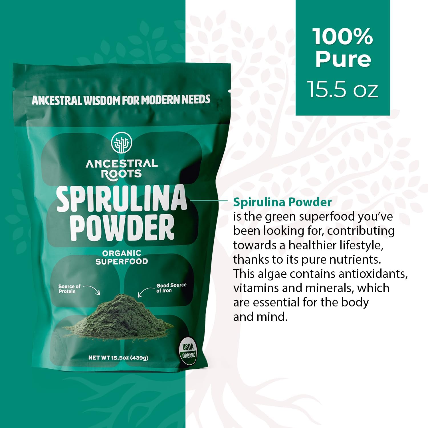 USDA Certified Organic Spirulina Powder - Pure Superfood for Immune Support (15.5 oz) Vegan-Friendly from Ancestral Roots
