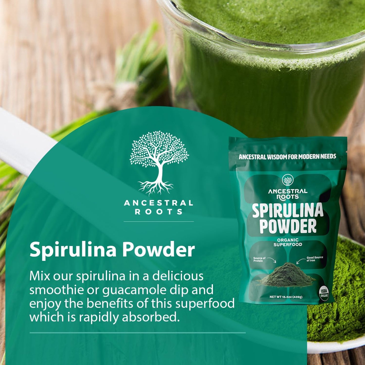 USDA Certified Organic Spirulina Powder - Pure Superfood for Immune Support (15.5 oz) Vegan-Friendly from Ancestral Roots