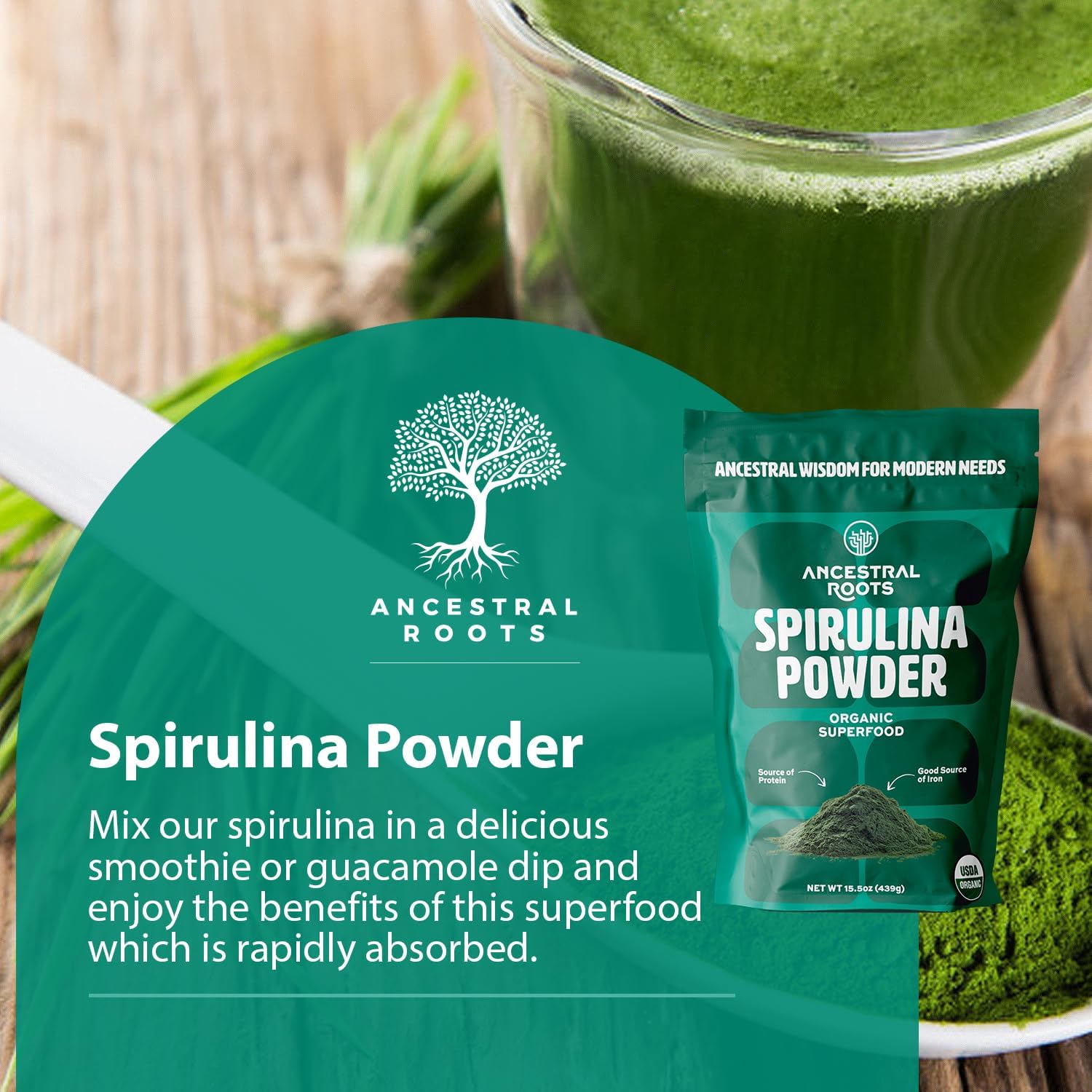 USDA Certified Organic Spirulina Powder - Pure Superfood for Immune Support (15.5 oz) Vegan-Friendly from Ancestral Roots