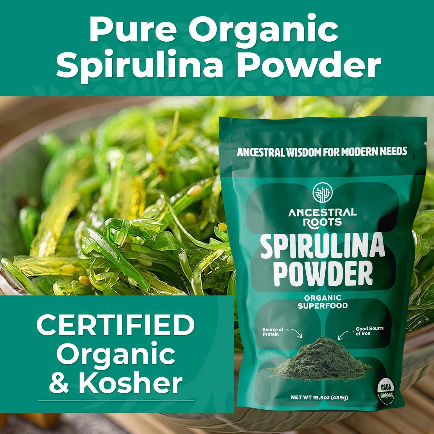 USDA Certified Organic Spirulina Powder - Pure Superfood for Immune Support (15.5 oz) Vegan-Friendly from Ancestral Roots