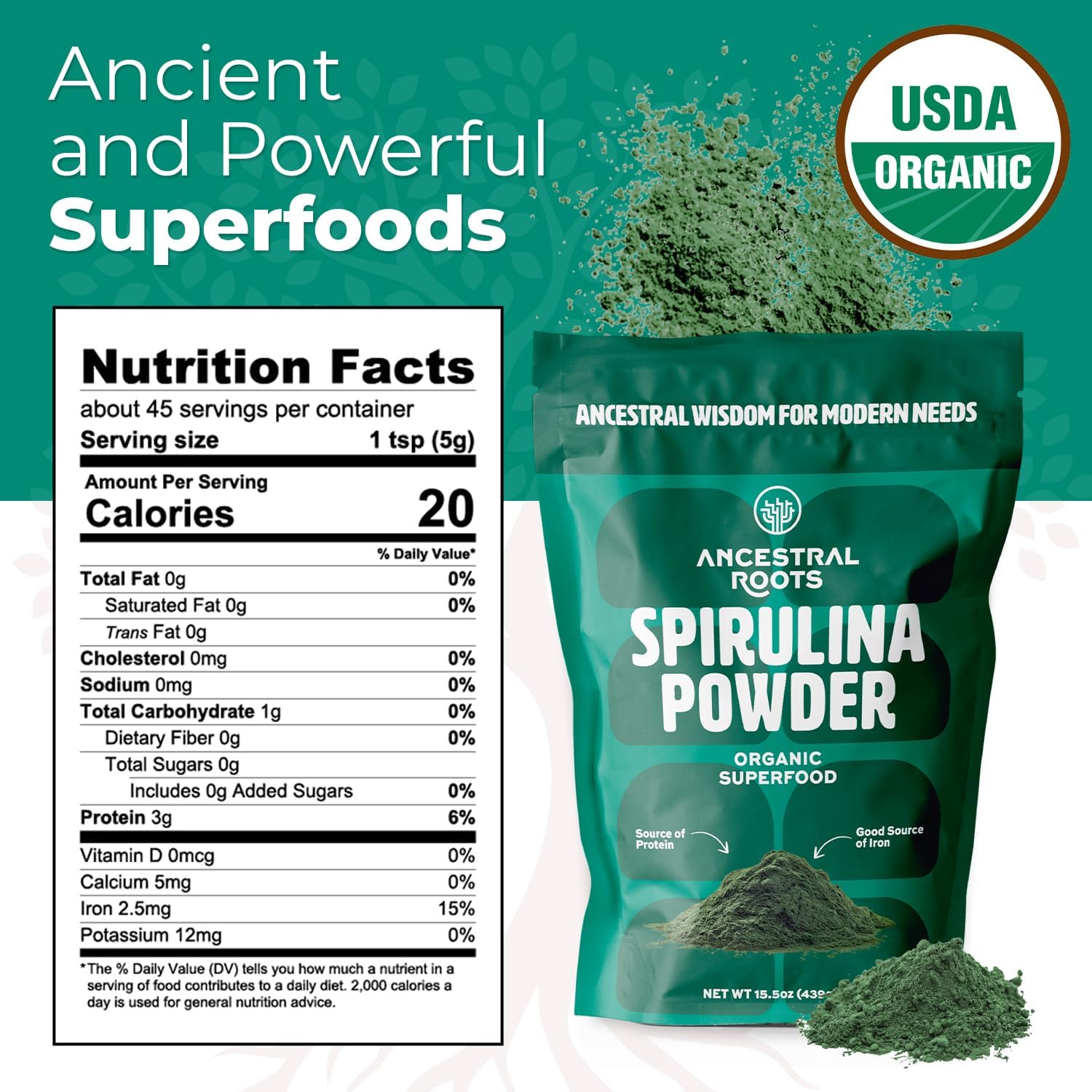 USDA Certified Organic Spirulina Powder - Pure Superfood for Immune Support (15.5 oz) Vegan-Friendly from Ancestral Roots