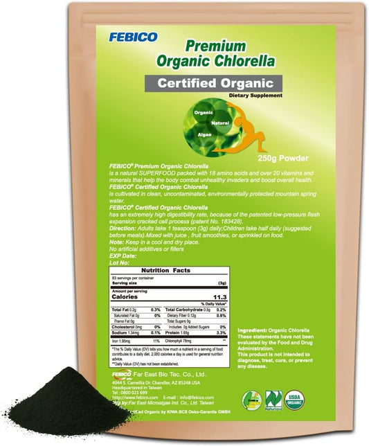 USDA Certified Pure Organic Chlorella Powder - 250g Supply for 83 Days - Vegan Protein, Vitamins - Non-GMO Green Superfoods from Taiwan