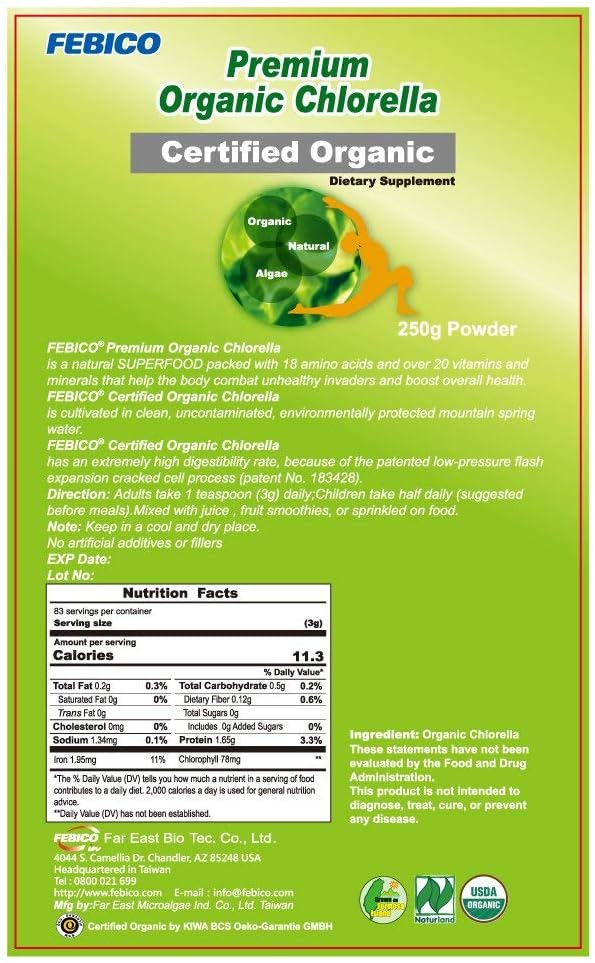 USDA Certified Pure Organic Chlorella Powder - 250g Supply for 83 Days - Vegan Protein, Vitamins - Non-GMO Green Superfoods from Taiwan