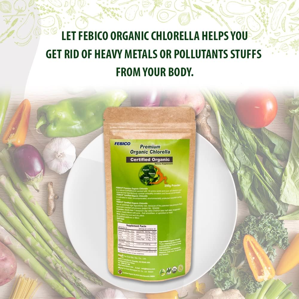 USDA Certified Pure Organic Chlorella Powder - 250g Supply for 83 Days - Vegan Protein, Vitamins - Non-GMO Green Superfoods from Taiwan