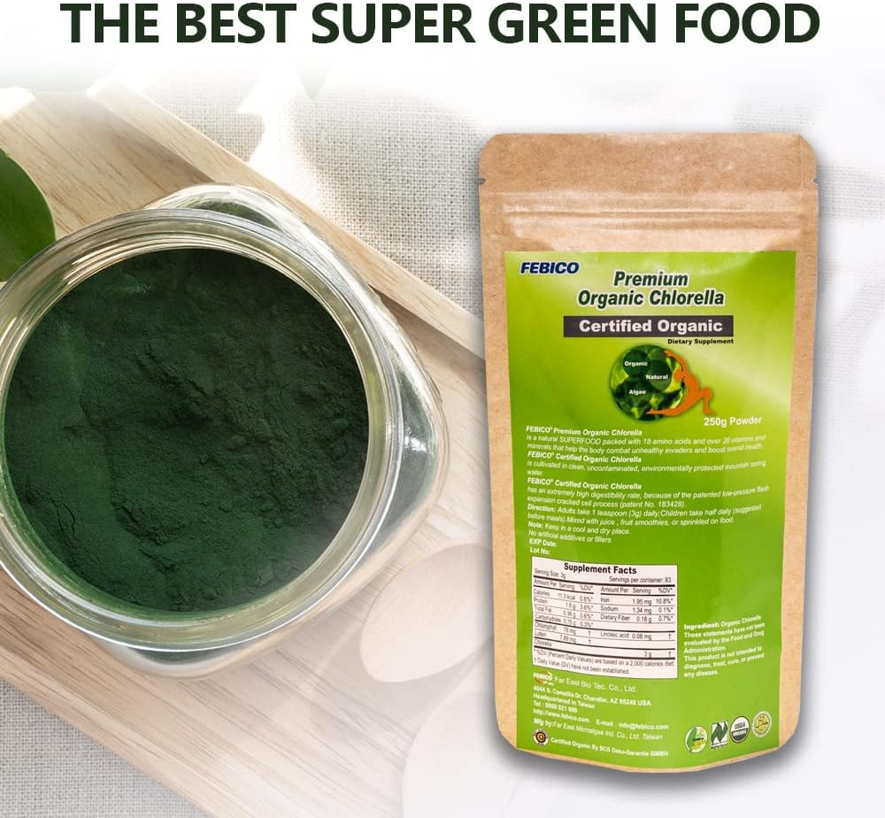 USDA Certified Pure Organic Chlorella Powder - 250g Supply for 83 Days - Vegan Protein, Vitamins - Non-GMO Green Superfoods from Taiwan