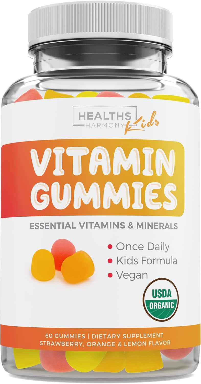 USDA Organic Kids Vitamin Gummies - Yummy Fruit Flavors - Complete Multivitamin with Vitamin C, D, B, A, Zinc - Energy, Mood, Immune Support - 60 Gummy Vitamins