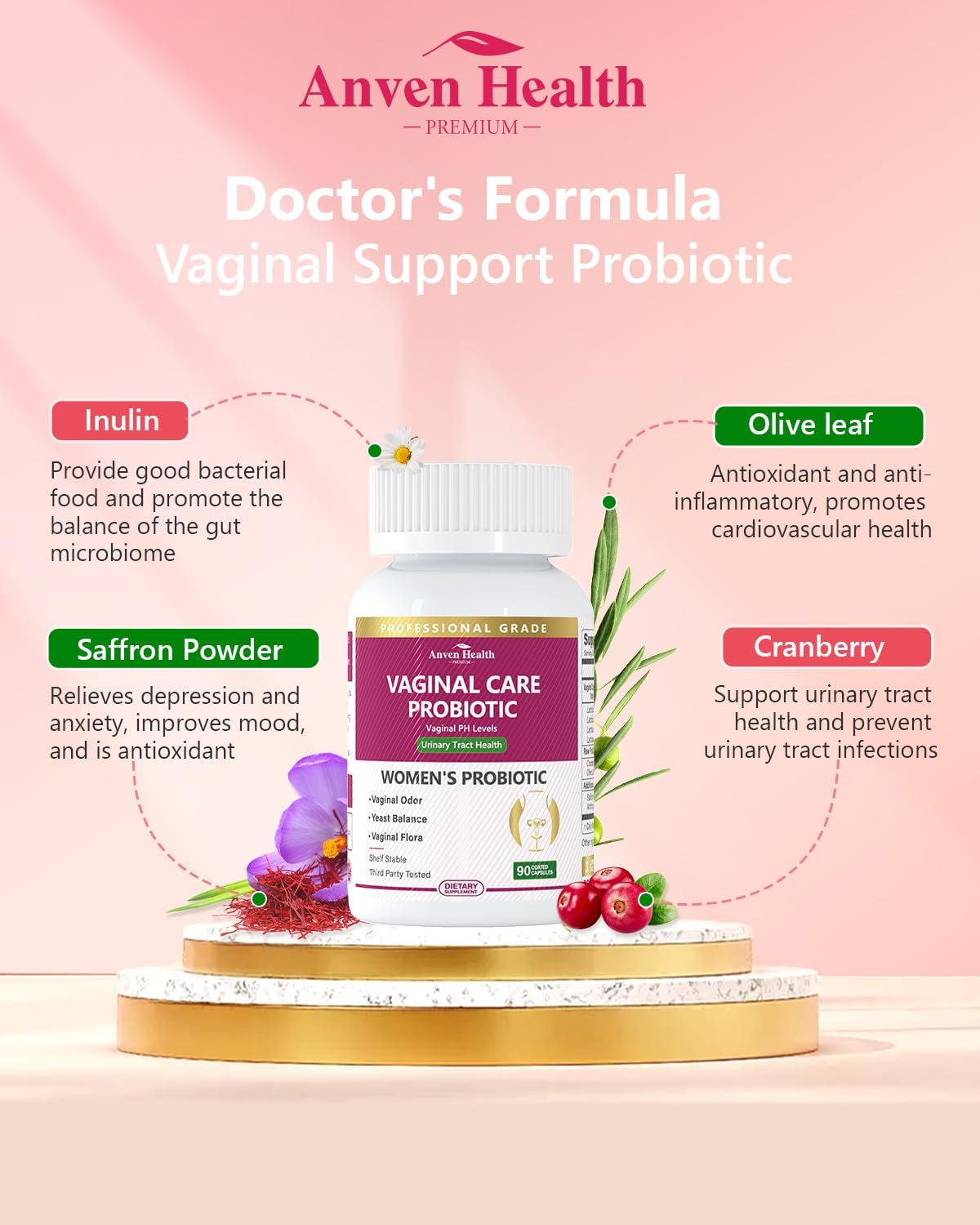 Vaginal Probiotics for Women - 60 Billion Probiotic Capsules for Vaginal & Gut Health with Saffron, Cranberry, and Olive Leaf Extracts