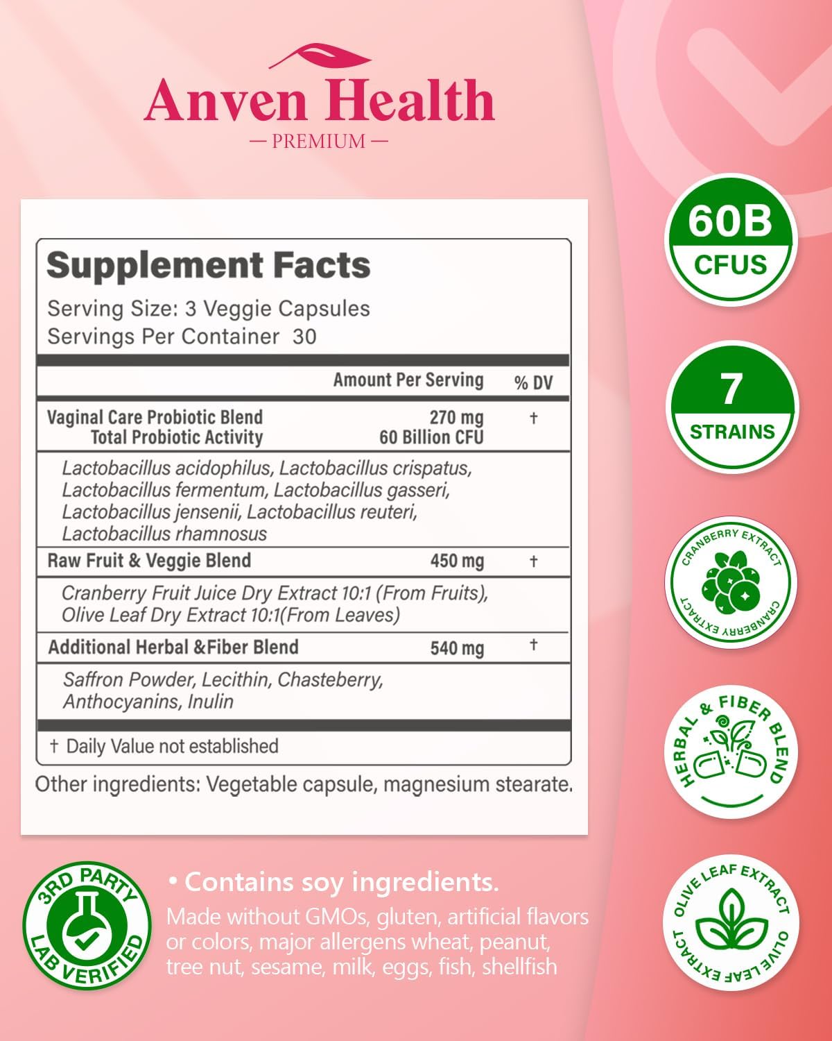 Vaginal Probiotics for Women - 60 Billion Probiotic Capsules for Vaginal & Gut Health with Saffron, Cranberry, and Olive Leaf Extracts