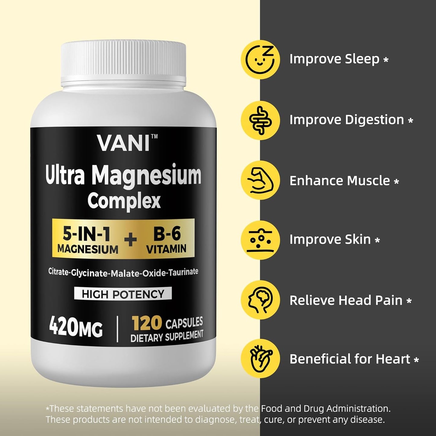 VANI Magnesium Glycinate Complex with B6 for Nerve, Heart, Muscle Health - 420mg, 120 Vegan Capsules, Gluten Free