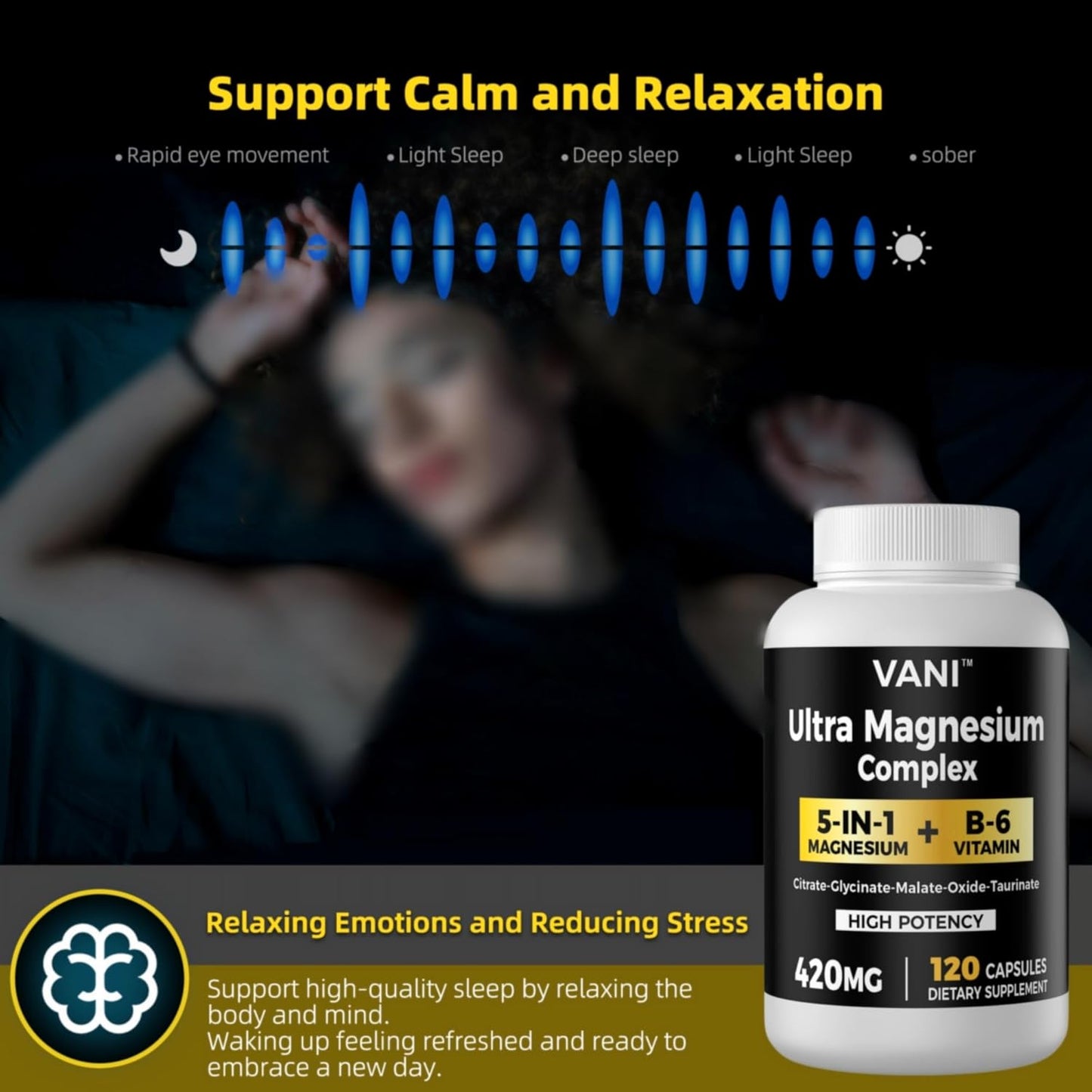 VANI Magnesium Glycinate Complex with B6 for Nerve, Heart, Muscle Health - 420mg, 120 Vegan Capsules, Gluten Free