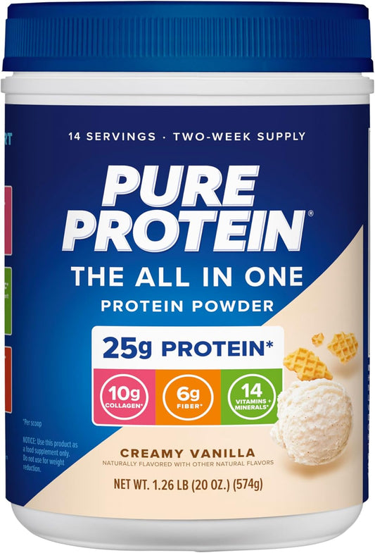 Vanilla All-In-One Protein Powder with Whey, Collagen, High Fiber, Vitamins - 1.25lb, Non-GMO, Gluten-Free