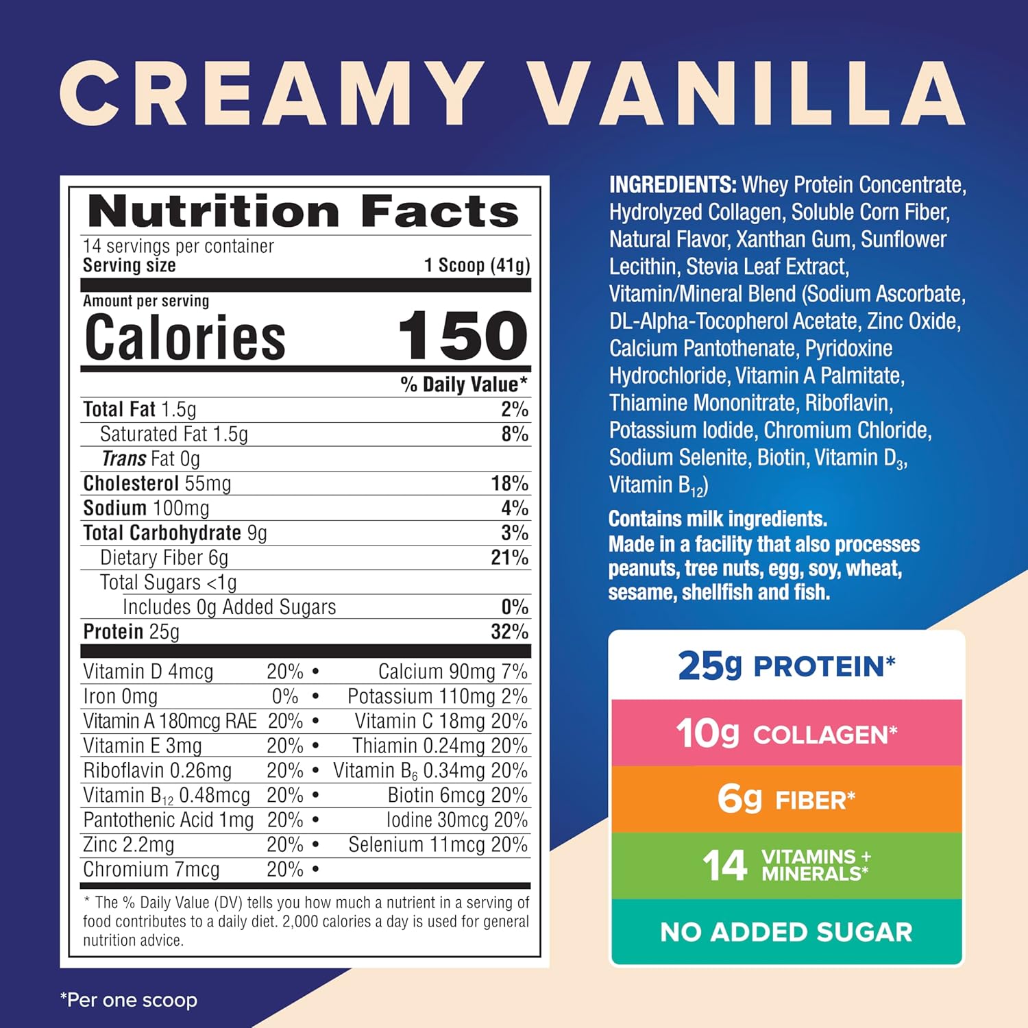 Vanilla All-In-One Protein Powder with Whey, Collagen, High Fiber, Vitamins - 1.25lb, Non-GMO, Gluten-Free