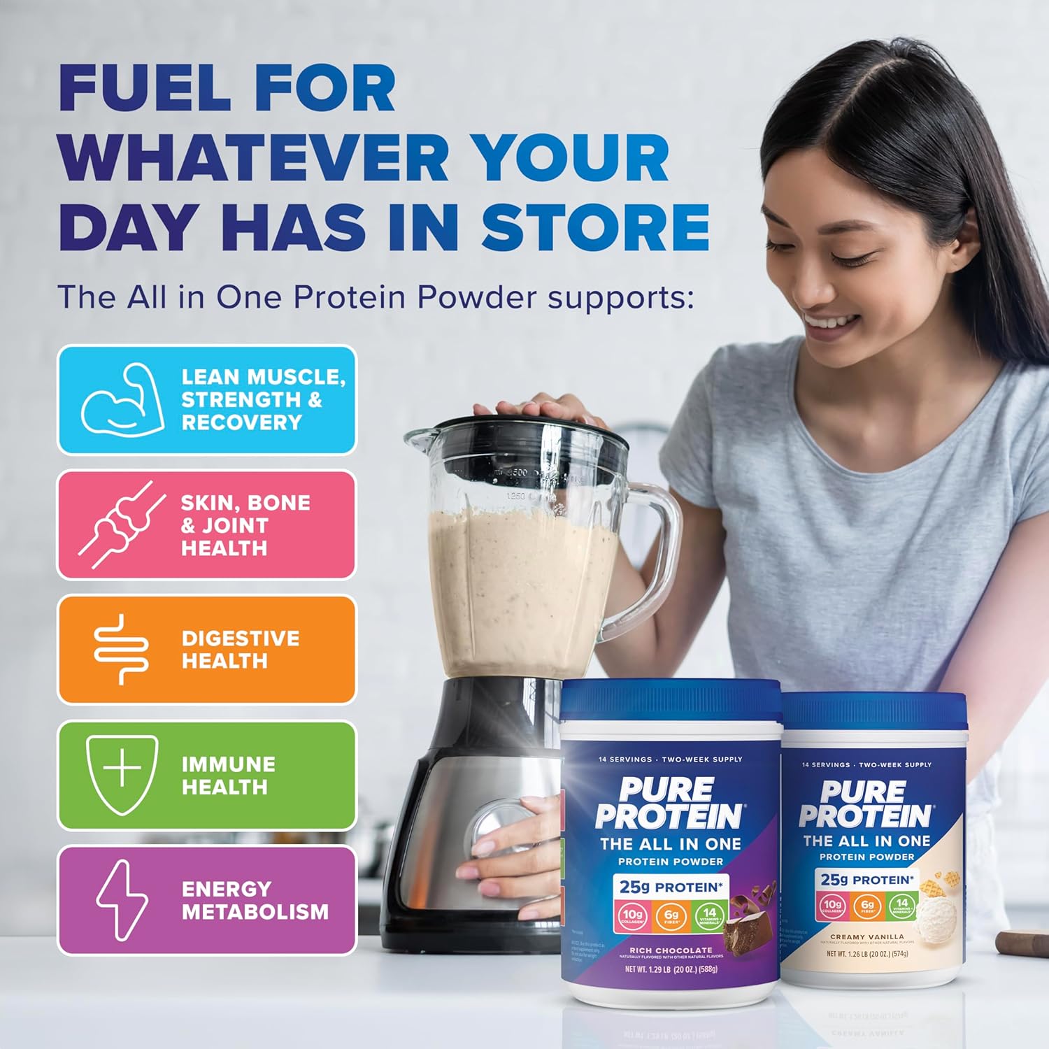 Vanilla All-In-One Protein Powder with Whey, Collagen, High Fiber, Vitamins - 1.25lb, Non-GMO, Gluten-Free