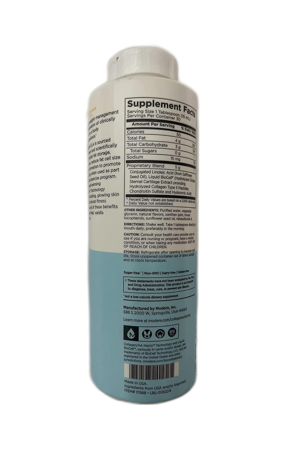 Vanilla CLA Liquid Collagen Peptides - 15.2 fl. oz. - Hydrating and Collagen-Boosting Formula for Skin, Hair, and Nails