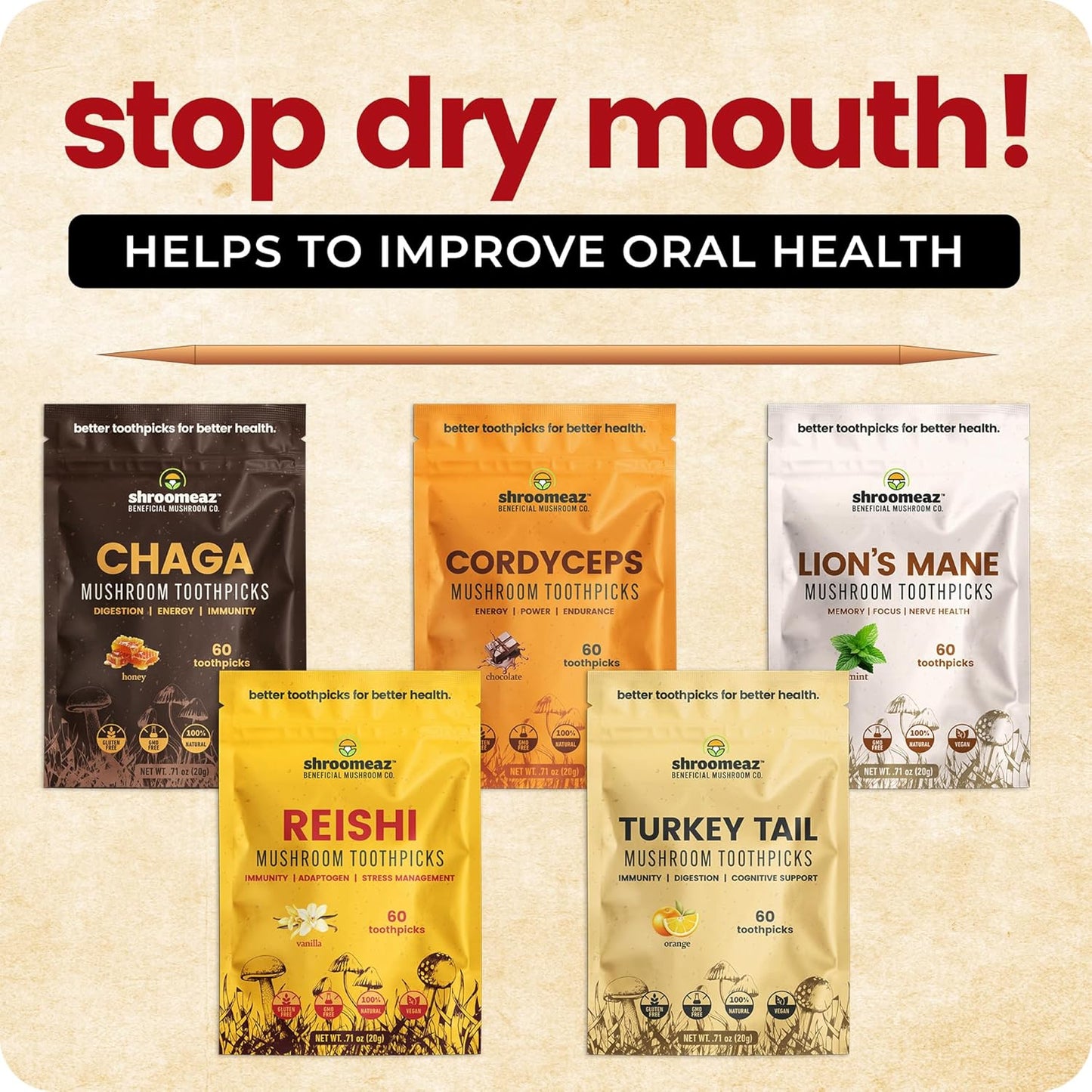 Vanilla Flavored Reishi Mushroom Toothpicks for Longevity, Mood, Sleep, & Immune Support - 60 Picks by Xero Picks