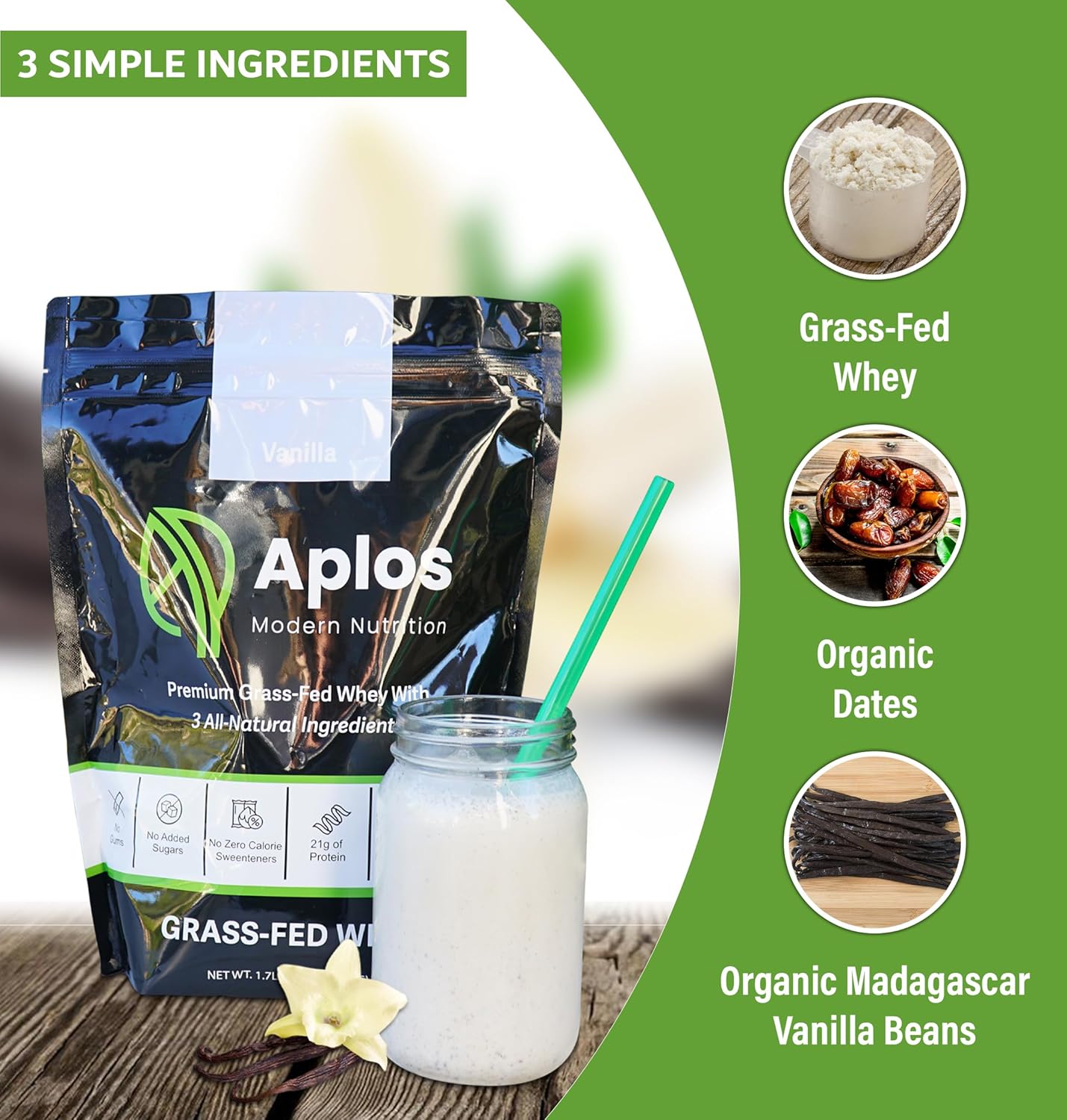 Vanilla Grass-Fed Whey Protein Powder with Dates Sweetener, 3 Ingredients, 20 Servings from New Zealand Cows Grazing 350+ Days/year