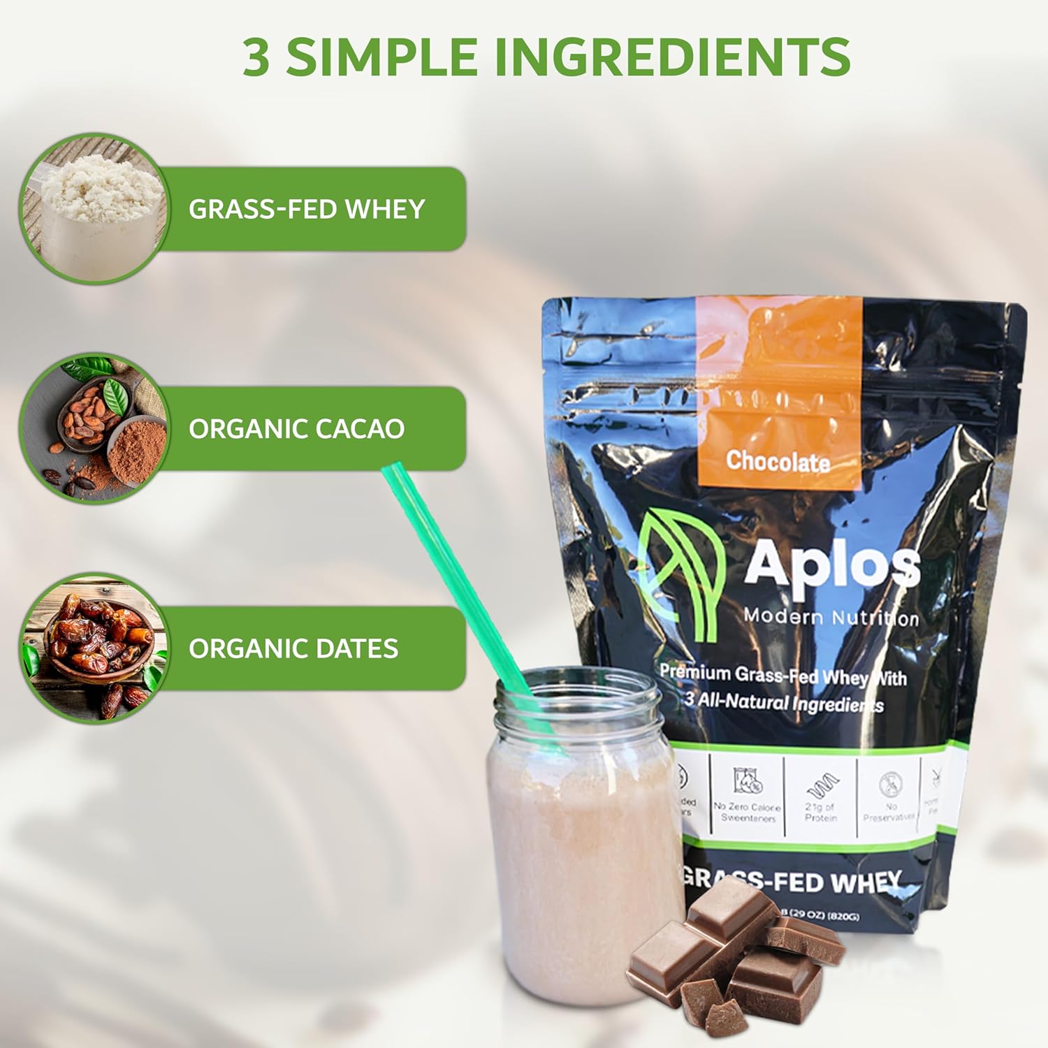 Vanilla Grass-Fed Whey Protein Powder with Dates Sweetener, 3 Ingredients, 20 Servings from New Zealand Cows Grazing 350+ Days/year