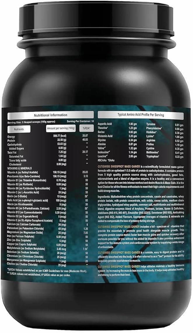 Vanilla Kulfi Flavored Mass Gainer Powder - 52g Protein, 250g Carbs, 1kg - Post-Workout Weight Gain Supplement with Creatine and L-Carnitine - 3 Servings