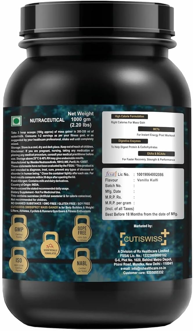 Vanilla Kulfi Flavored Mass Gainer Powder - 52g Protein, 250g Carbs, 1kg - Post-Workout Weight Gain Supplement with Creatine and L-Carnitine - 3 Servings