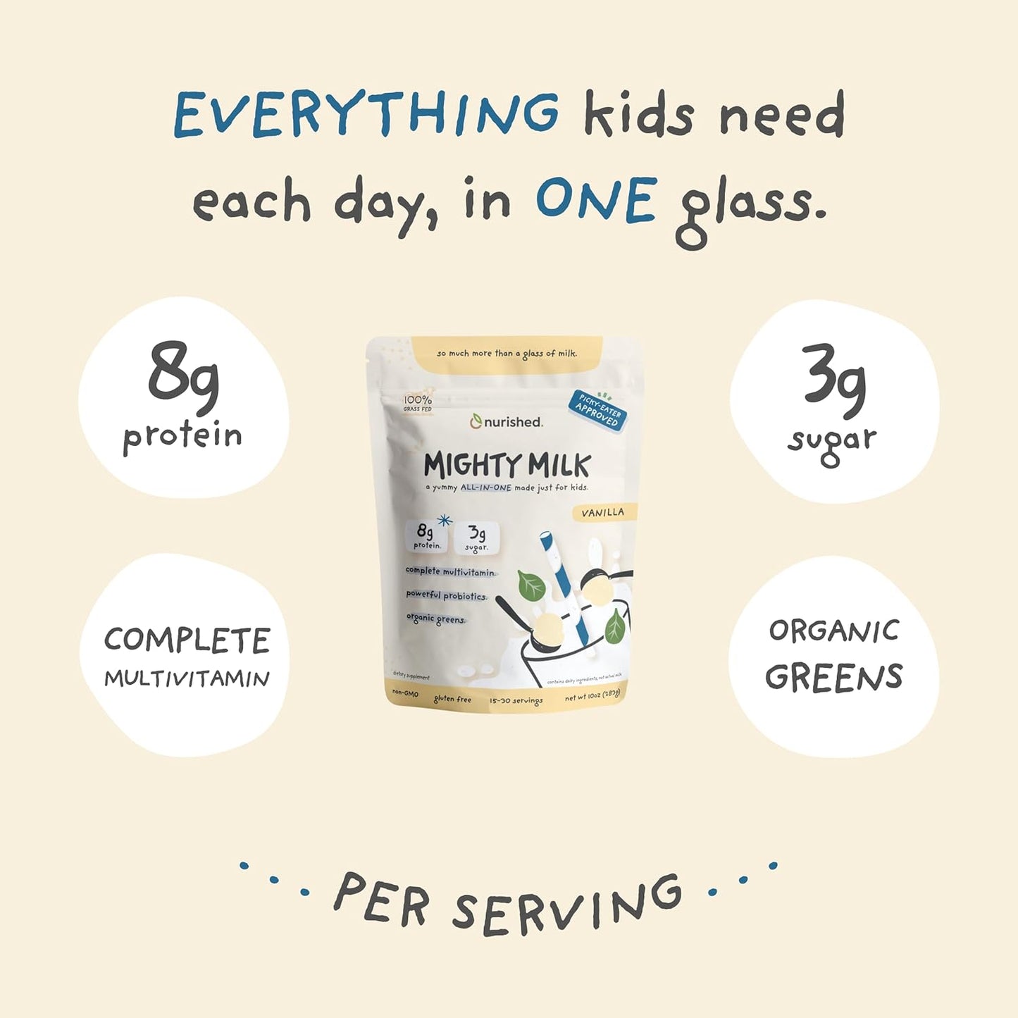 Vanilla Mighty Milk Kids All-in-One Protein Powder with Probiotics, Spinach, & Multivitamins - Natural Ingredients - 15-30 Servings