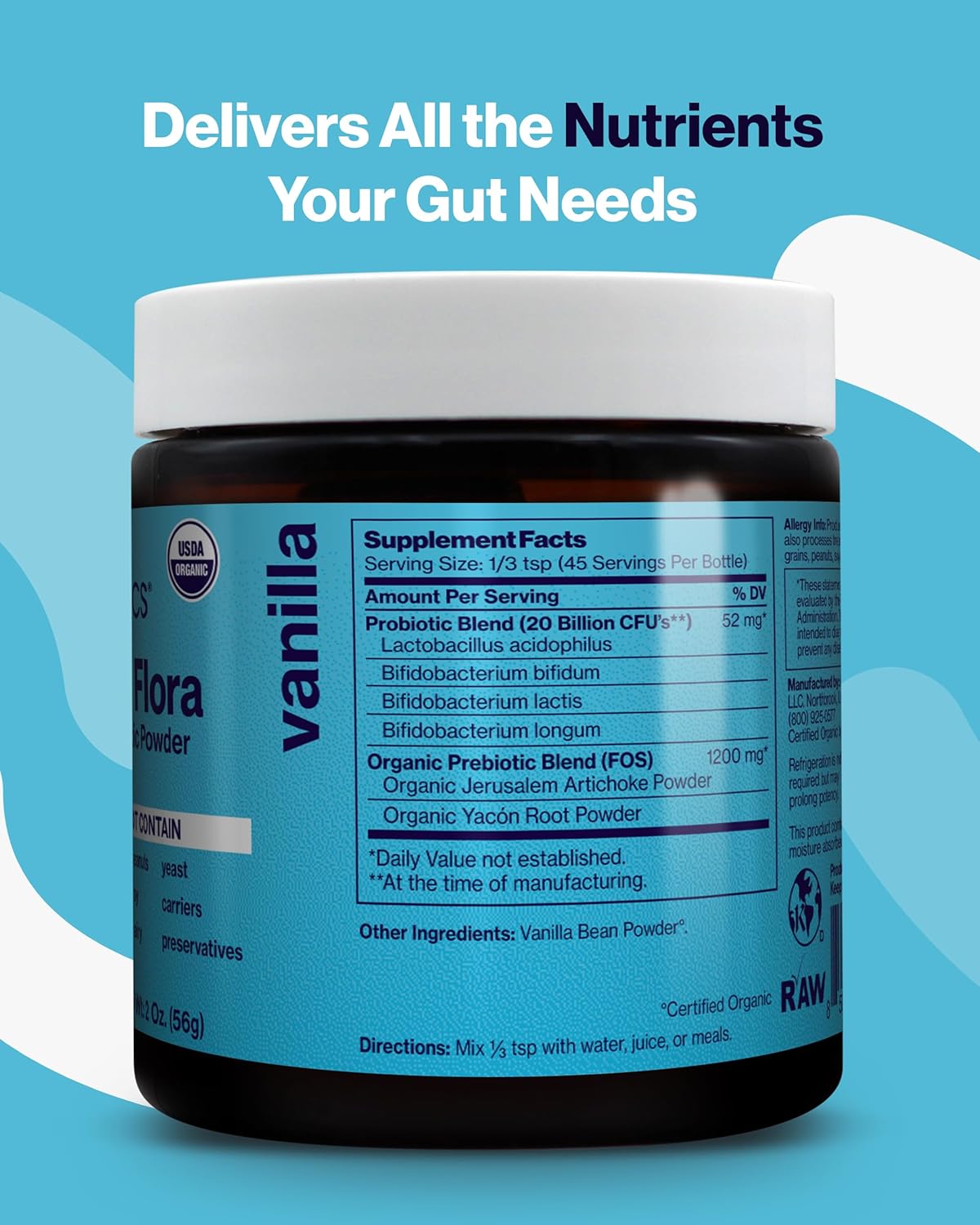 Vanilla Prebiotic & Probiotic Powder for Women & Men - 20 Billion CFUs, 4 Probiotic Strains - Gut Health, Immune Support (Pack of 2)