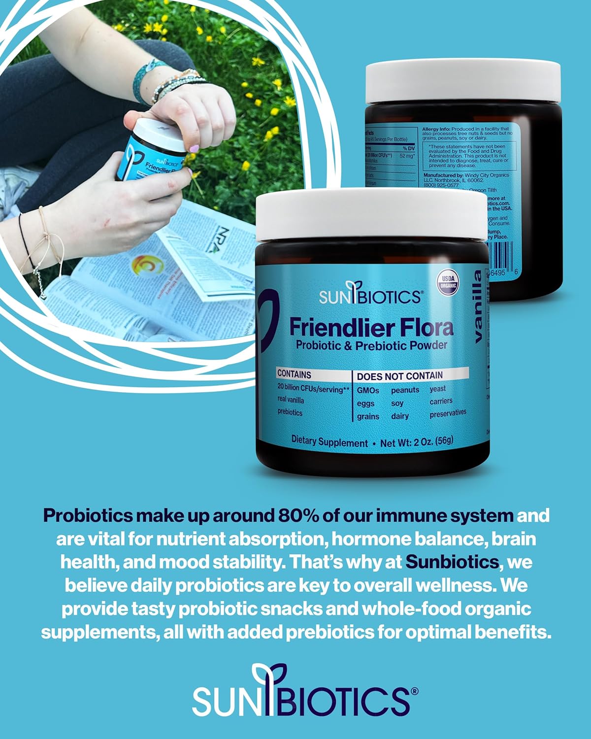 Vanilla Prebiotic & Probiotic Powder for Women & Men - 20 Billion CFUs, 4 Probiotic Strains - Gut Health, Immune Support (Pack of 2)