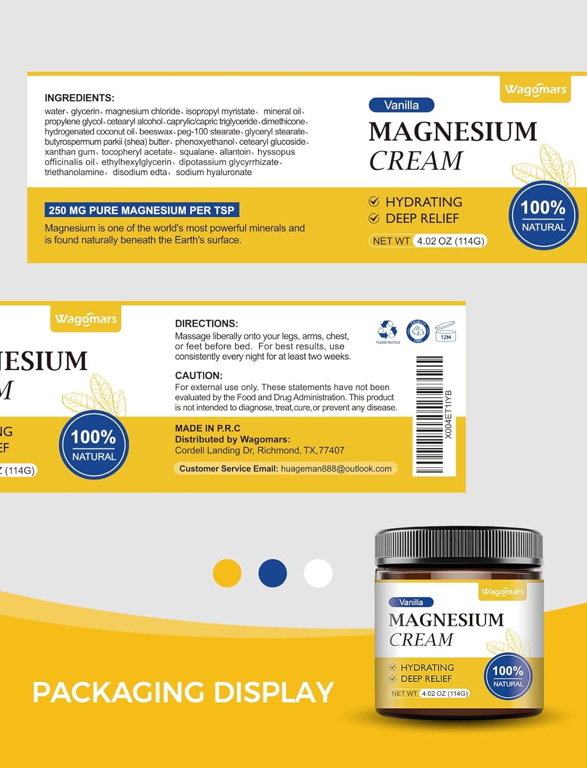 Vanilla Scented Magnesium Cream for Sleep and Muscle Relaxation - Natural Body Butter for Hydration - Safe for Kids with Leg Cramps and Pain