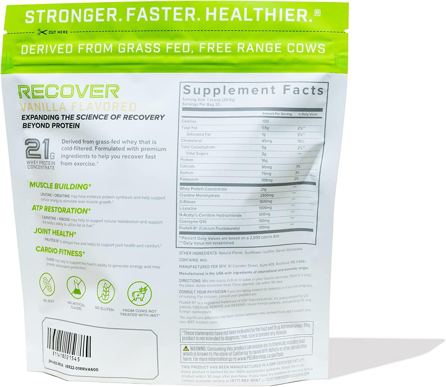 Vanilla SFH RECOVER Grass Fed Whey Protein Powder - Post Workout Recovery Supplement with All Natural Ingredients - 20 Servings