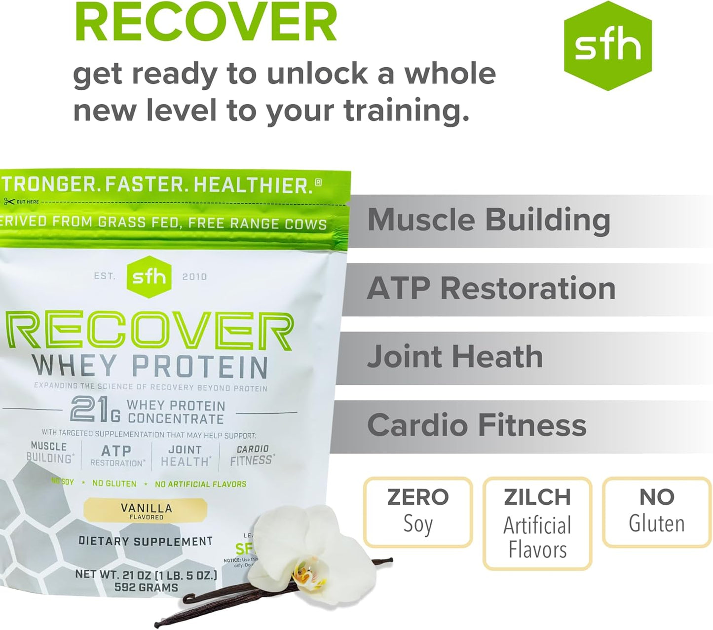 Vanilla SFH RECOVER Grass Fed Whey Protein Powder - Post Workout Recovery Supplement with All Natural Ingredients - 20 Servings