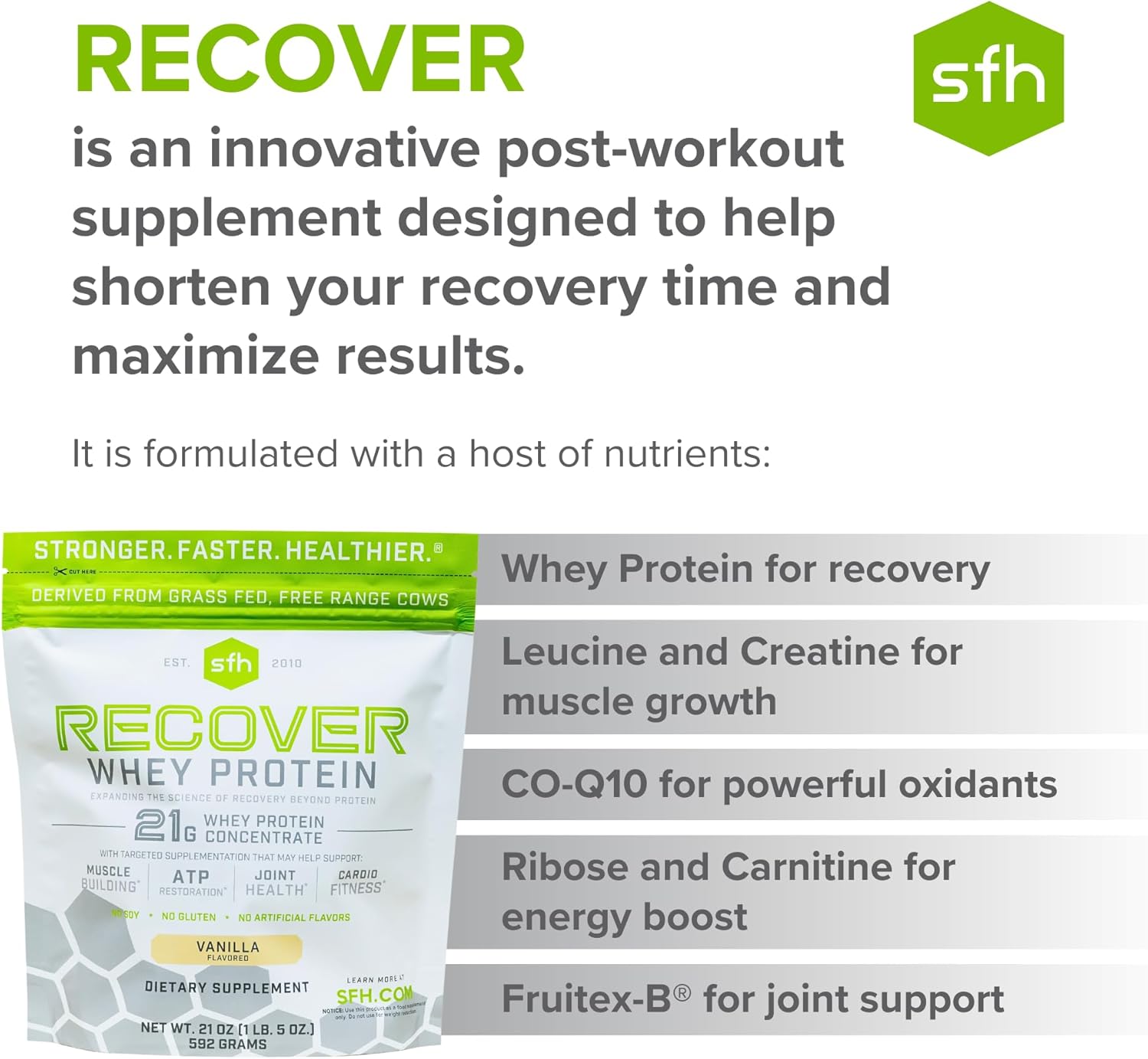 Vanilla SFH RECOVER Grass Fed Whey Protein Powder - Post Workout Recovery Supplement with All Natural Ingredients - 20 Servings
