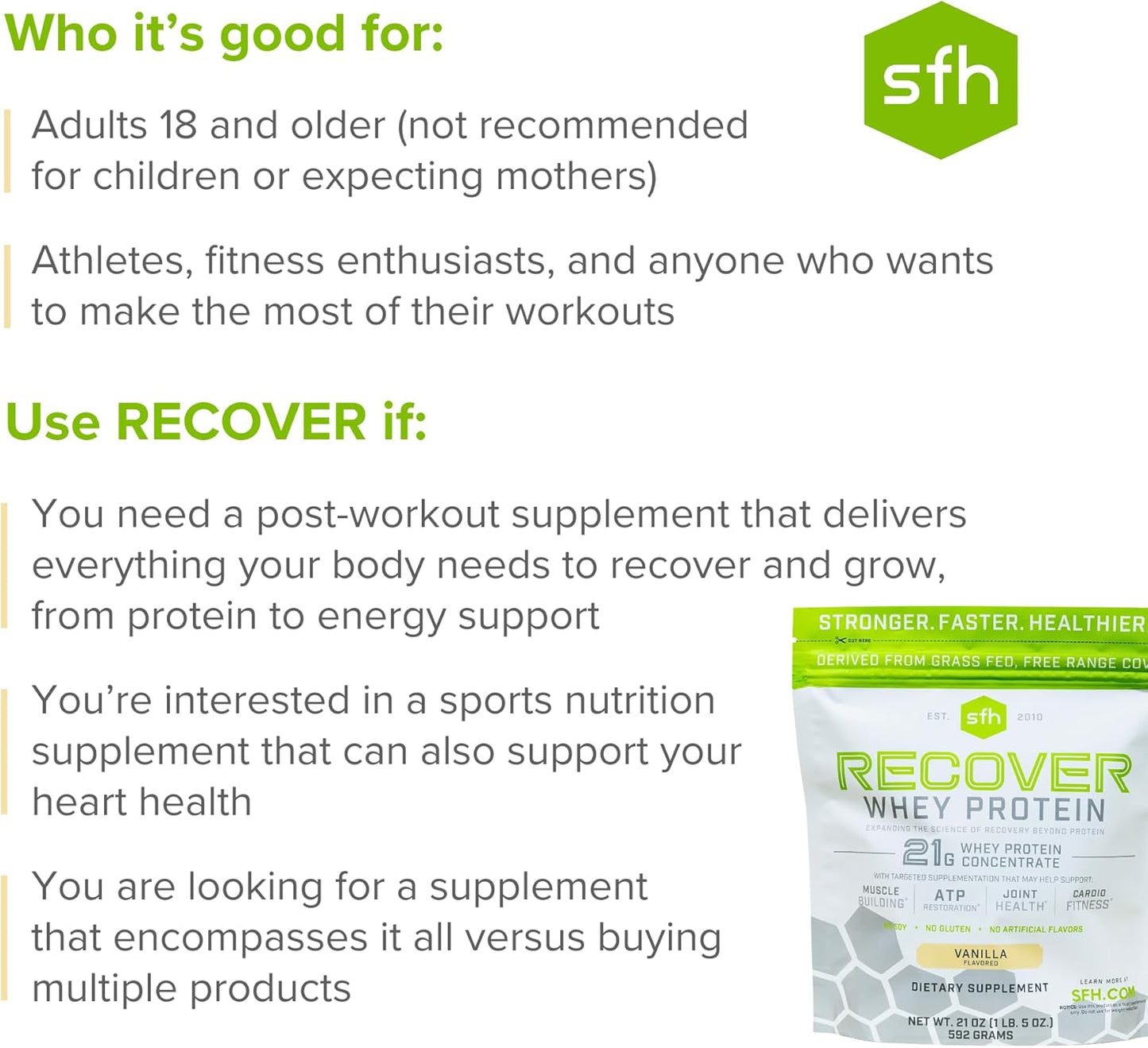 Vanilla SFH RECOVER Grass Fed Whey Protein Powder - Post Workout Recovery Supplement with All Natural Ingredients - 20 Servings