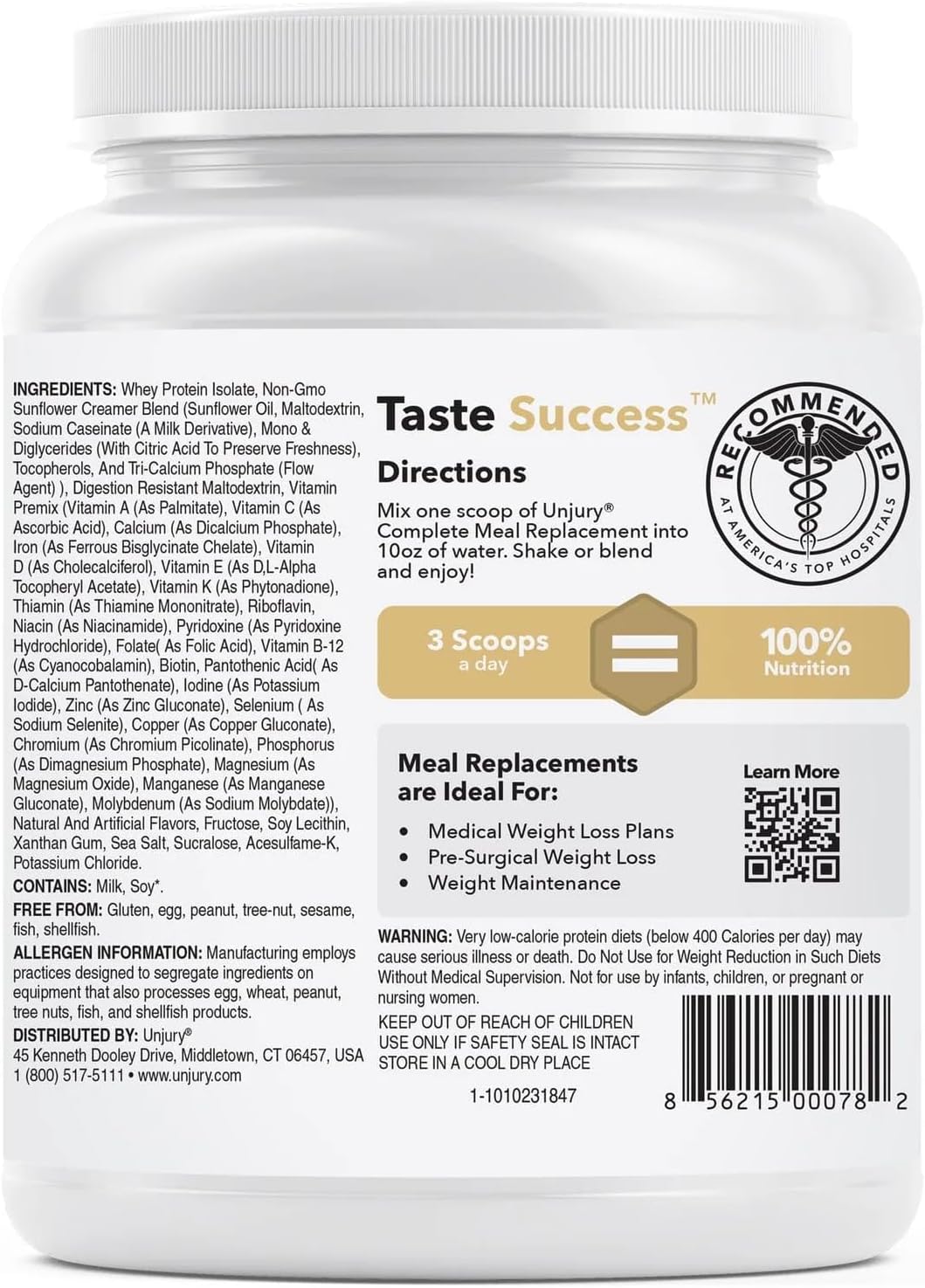 Vanilla Unjury Meal Replacement Powder - 26g Protein, 25 Vitamins & Minerals, Whey Isolate, Low Carb & Sugar - 15 Servings