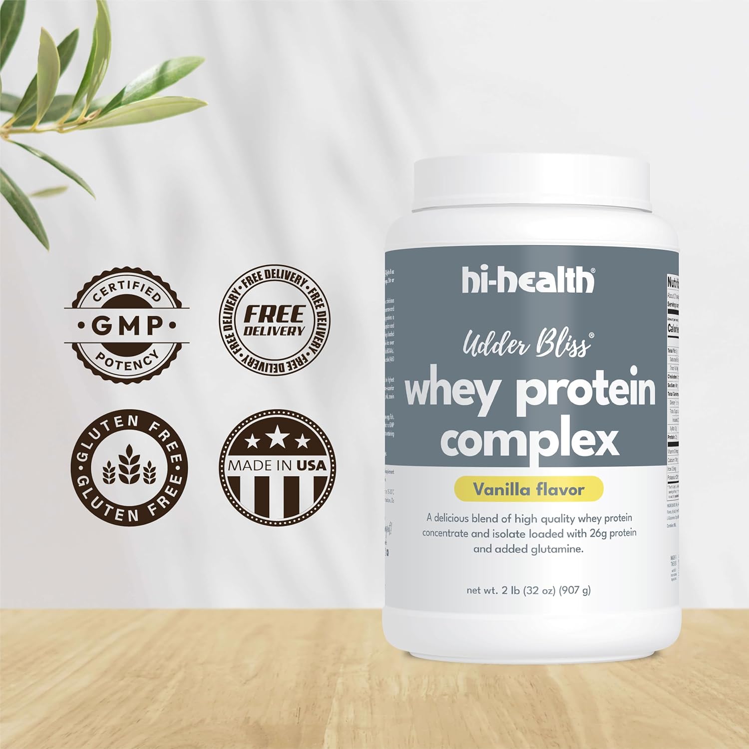 Vanilla Whey Protein Complex Powder with Glutamine - Hi-Health Udder Bliss (2lb)