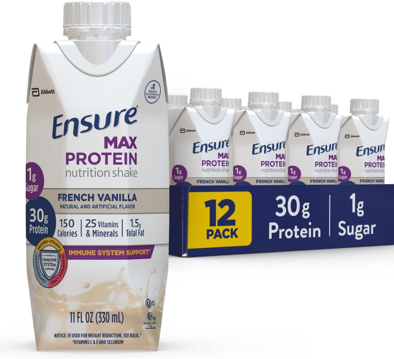 Variety Pack of Ensure Max Protein Nutrition Shakes - 30g Protein, French Vanilla - Pack of 12