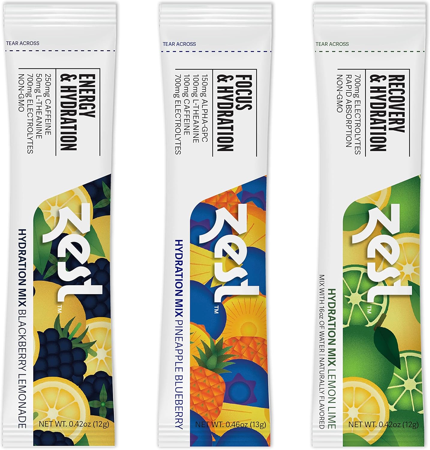 Variety Pack Zest Hydration Electrolyte Powder - 6 Travel Packets - Low Sugar Supplement - Recovery, Energy, & Focus Drink - Liquid Rehydration with Salt & Potassium
