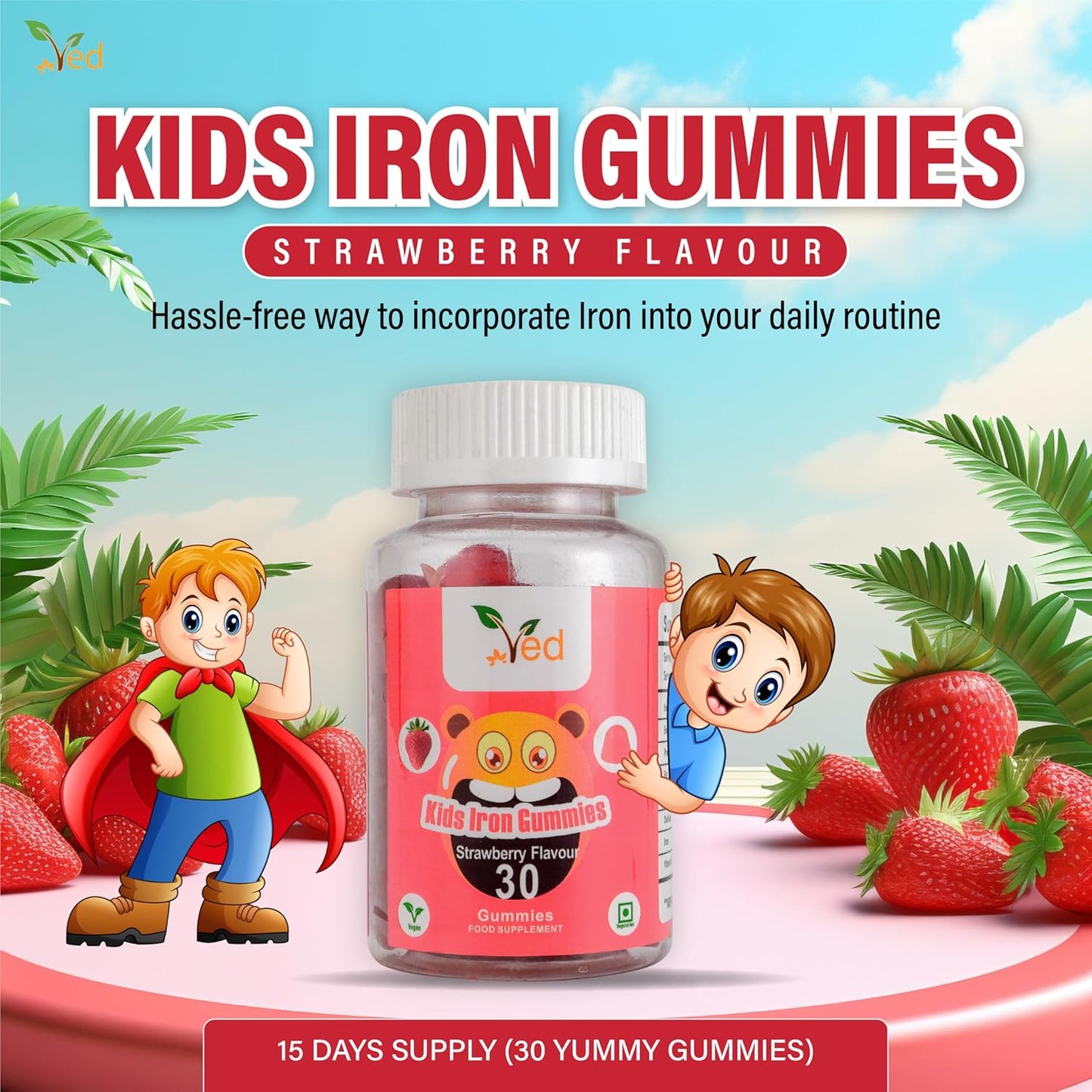 Ved Kids Iron Gummies: Vegan Iron Supplement for Energy & Immune System - 30 Chewable Vitamins (15 Days)