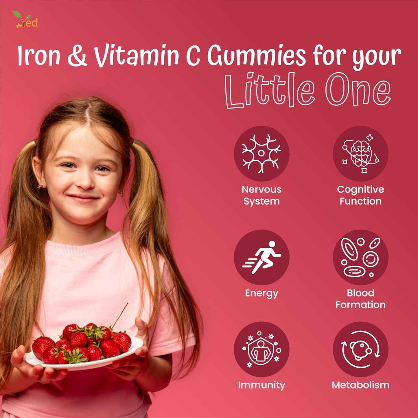 Ved Kids Iron Gummies: Vegan Iron Supplement for Energy & Immune System - 30 Chewable Vitamins (15 Days)