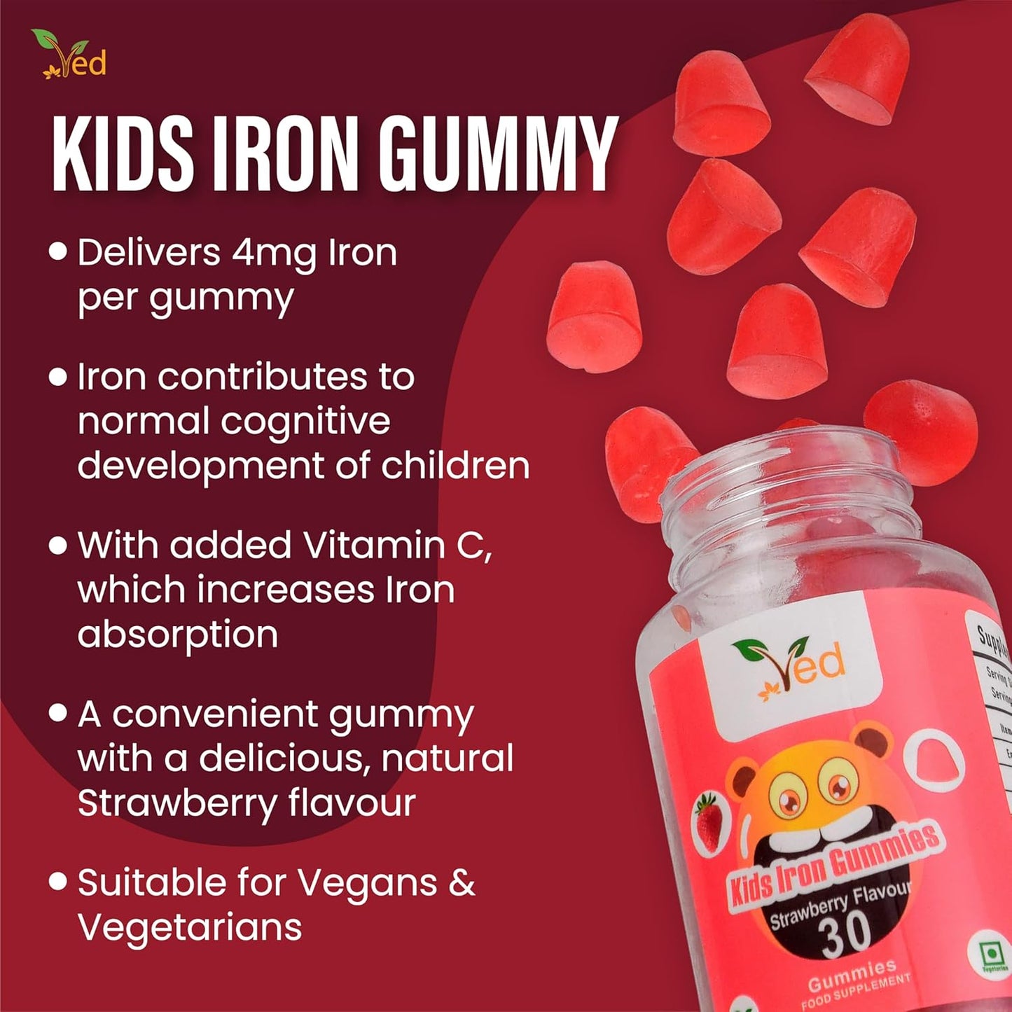 Ved Kids Iron Gummies: Vegan Iron Supplement for Energy & Immune System - 30 Chewable Vitamins (15 Days)