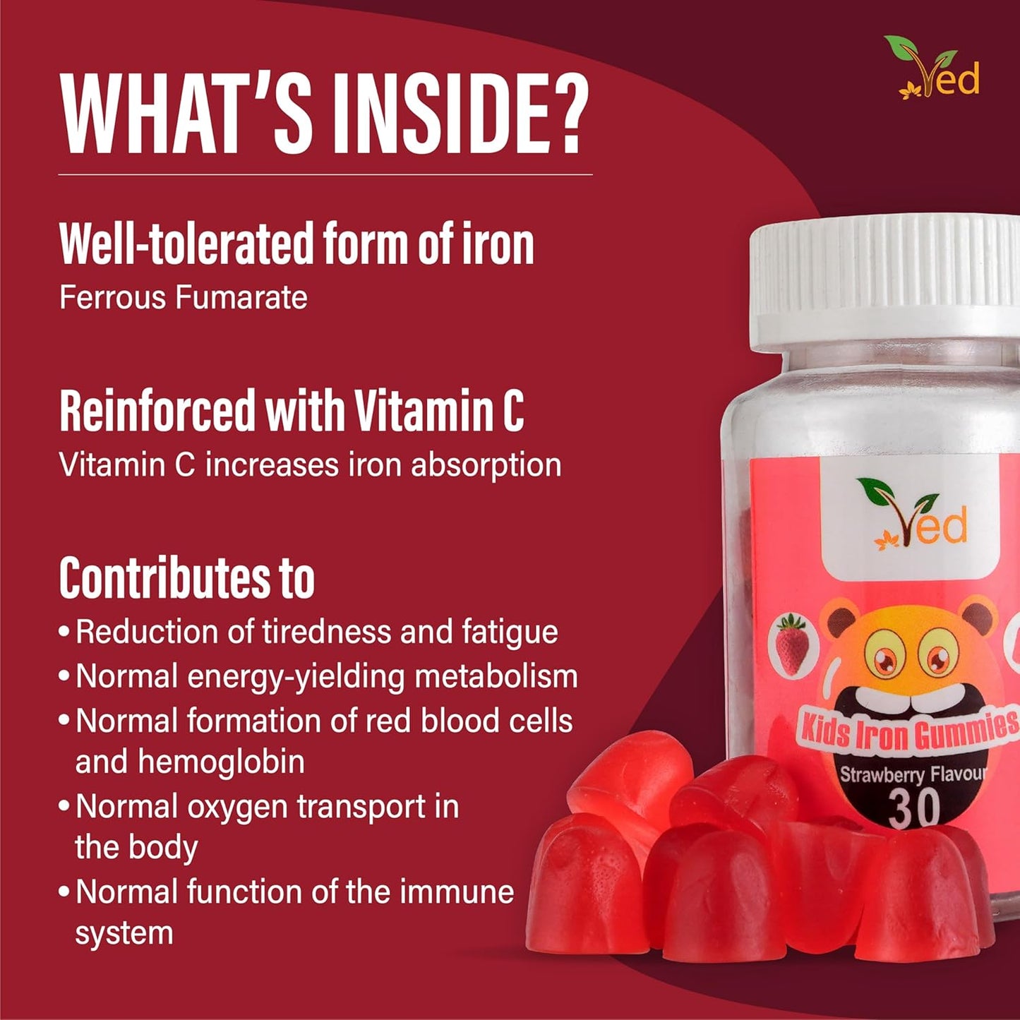 Ved Kids Iron Gummies: Vegan Iron Supplement for Energy & Immune System - 30 Chewable Vitamins (15 Days)