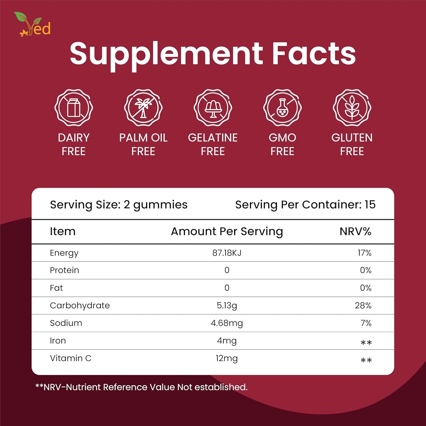 Ved Kids Iron Gummies: Vegan Iron Supplement for Energy & Immune System - 30 Chewable Vitamins (15 Days)