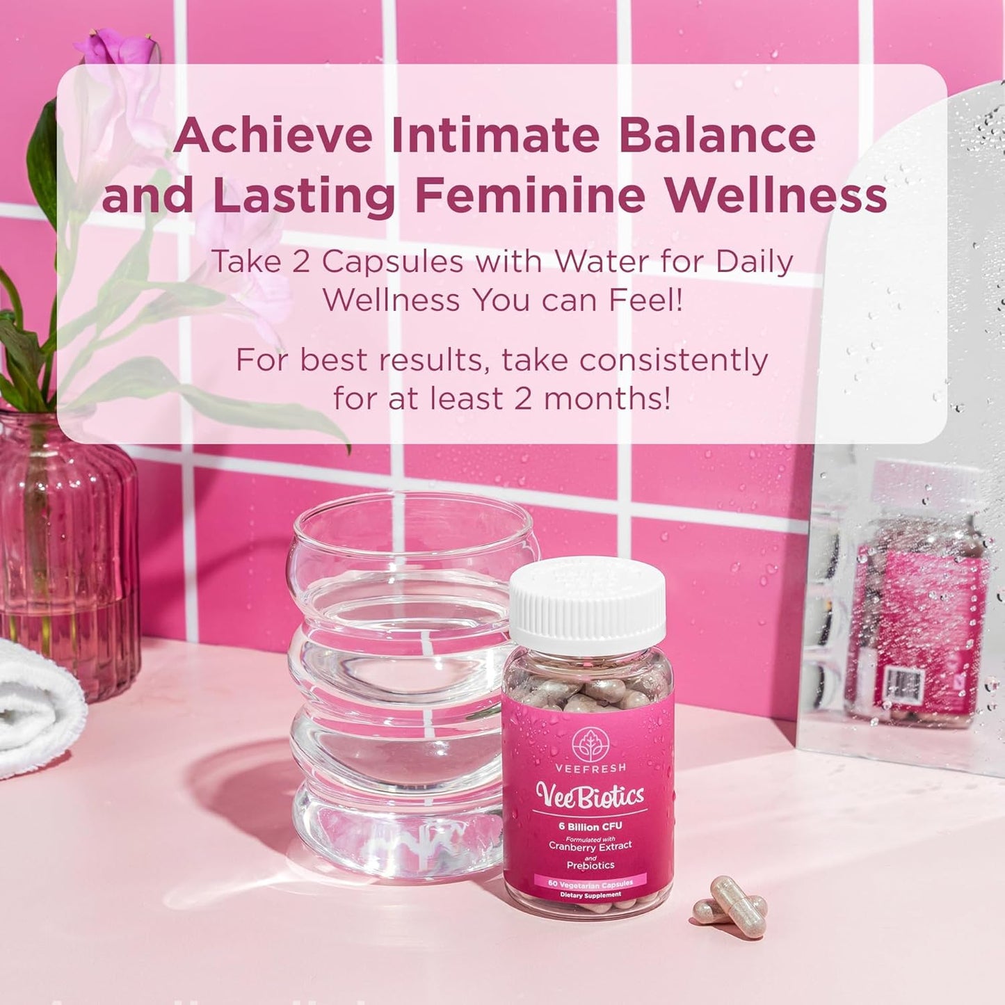 VeeFresh VeeBiotics Women's Probiotics with Cranberry Extract - 60 Capsules for Vaginal Health & pH Balance, Probiotics with Prebiotics for Overall Wellness