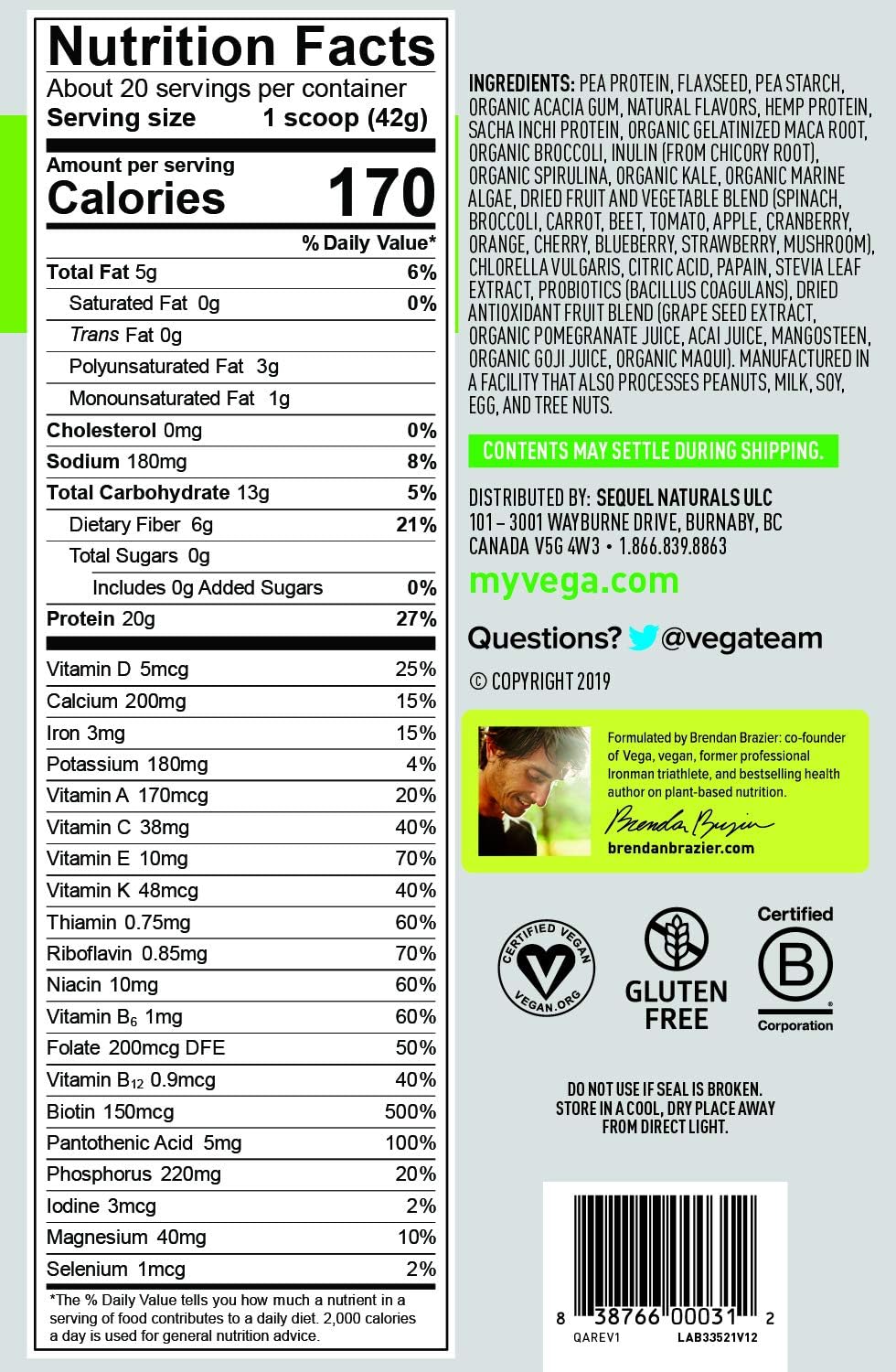 Vega One Berry Nutritional Shake - Plant Based Vegan Protein Powder, Gluten Free, Non GMO (30 oz) - 20 Servings