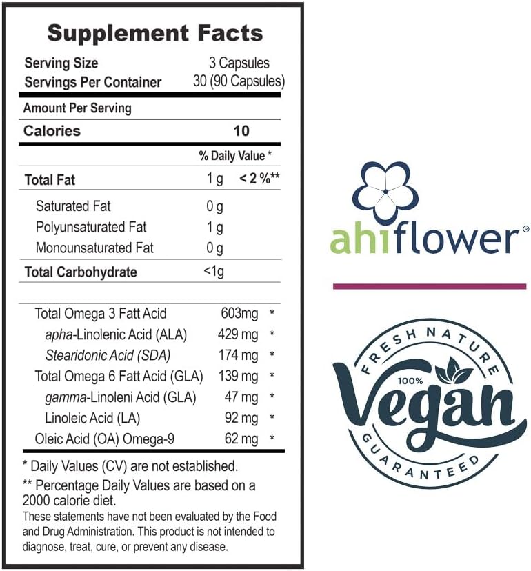 Vegan Ahiflower Oil Capsules by Vidalia - 90 Count, Omega 3, 6 & 9 Supplement from Sustainable Source - Vegan Friendly - NO Fish